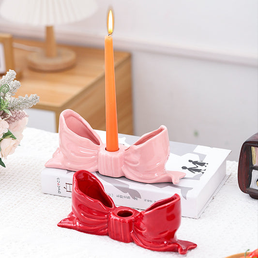 Red Elegant Ceramic Bow Taper Candle Holder - Stylish Tabletop Decor Accent