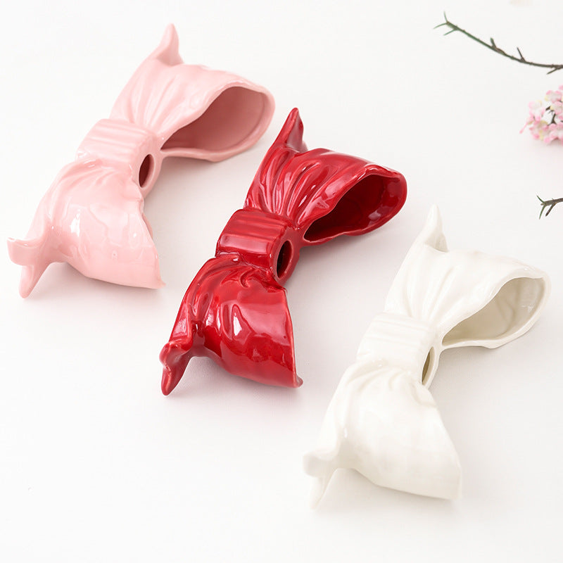 Red Elegant Ceramic Bow Taper Candle Holder - Stylish Tabletop Decor Accent