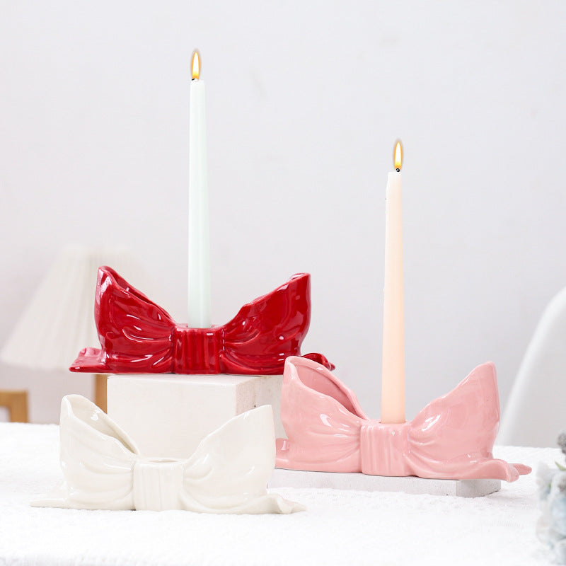 Red Elegant Ceramic Bow Taper Candle Holder - Stylish Tabletop Decor Accent