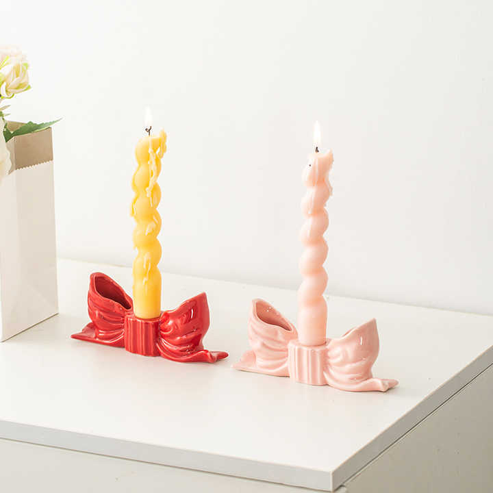 Red Elegant Ceramic Bow Taper Candle Holder - Stylish Tabletop Decor Accent