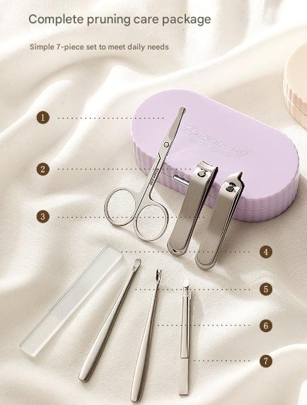 Purple Compact 7-Piece Manicure Set - Stainless Steel Nail Grooming Kit with Stylish Travel Case