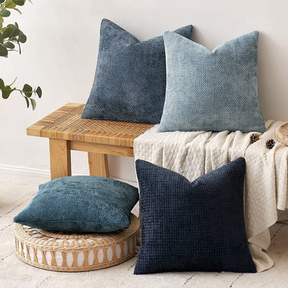 Dark Blue Plush Chenille Cushion Covers Set of 2 - Soft Textured Decorative Throw Pillow Cases for Sofa Couch, 45x45cm
