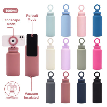 Yellow 1L Stainless Steel Water Bottle with Magnetic Phone Holder Lid - Portable Hydration & Hands-Free Stand