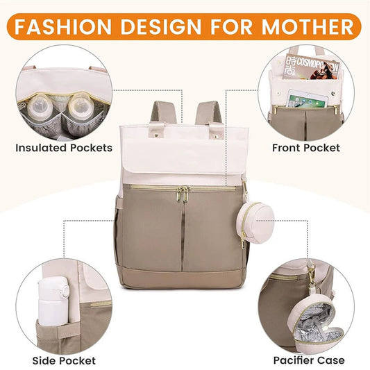 Pink and Grey Stylish Nappy Bag Backpack - Multi-Functional Diaper Bag with Insulated Pockets, Changing Pad & Pacifier Case