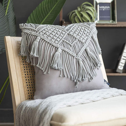 Grey Boho Chic Macrame Cushion Cover - Handmade Woven Cotton Linen Pillow Case with Tassels - Decorative Throw Pillow Sham 45x45cm (Cover Only)