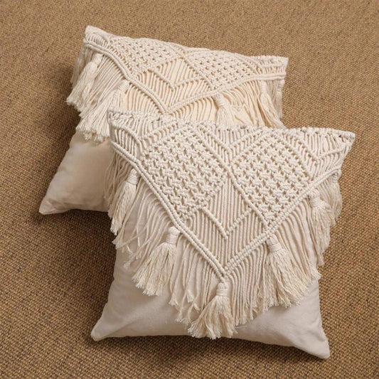 Grey Boho Chic Macrame Cushion Cover - Handmade Woven Cotton Linen Pillow Case with Tassels - Decorative Throw Pillow Sham 45x45cm (Cover Only)