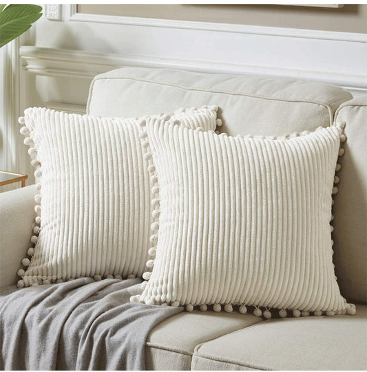 White Soft Corduroy Cushion Covers with Pom Pom Trim - Set of 2 Decorative Throw Pillow Cases for Sofa Couch Bed, 45x45cm