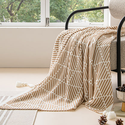 Purple and Beige Diamond Pattern Soft Cozy Knit Throw Blanket with Tassels - Geometric Pattern Lightweight Acrylic Blanket for Sofa Couch Bed, 130x150cm