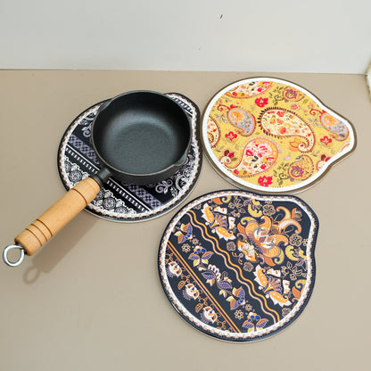 Blue-red Set of 4 Embossed Ceramic Paddle Mats - Assorted Bohemian Pattern Heat Resistant Pads