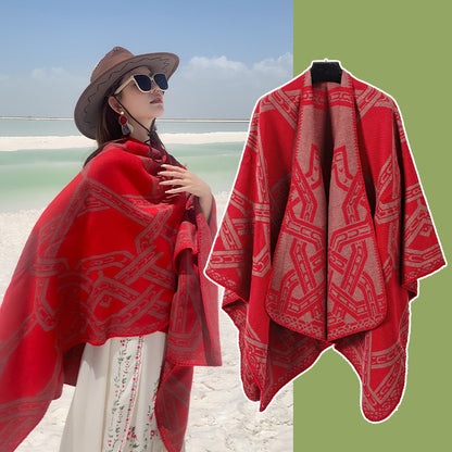 Red Bohemian Ethnic Print Blanket Poncho - Warm Windproof Oversized Shawl Wrap (130x150cm)