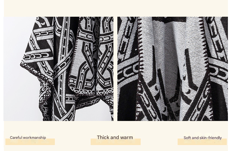 Brown Bohemian Ethnic Print Blanket Poncho - Warm Windproof Oversized Shawl Wrap (130x150cm)
