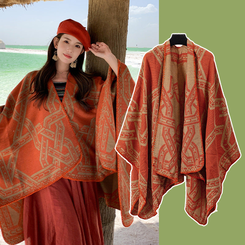 Orange Bohemian Ethnic Print Blanket Poncho - Warm Windproof Oversized Shawl Wrap (130x150cm)