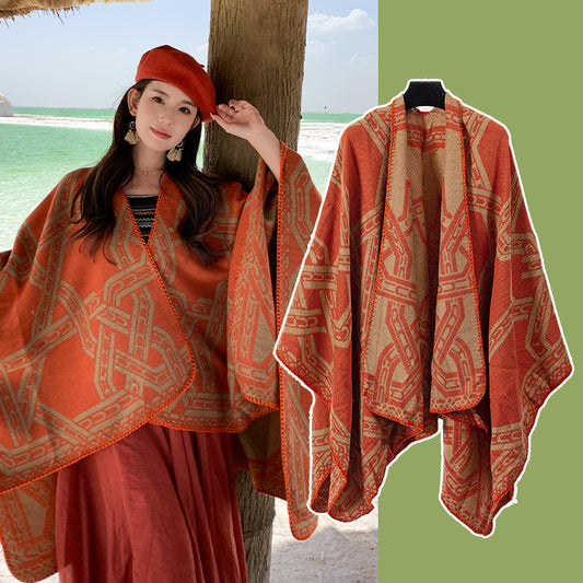 Orange Bohemian Ethnic Print Blanket Poncho - Warm Windproof Oversized Shawl Wrap (130x150cm)