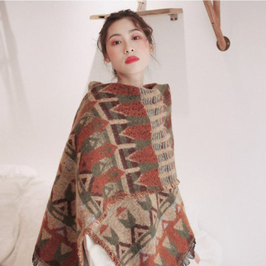 Red-beige Extra Large Ethnic Print Faux Lambswool Shawl - Cozy Winter Wrap Scarf (70x211cm)