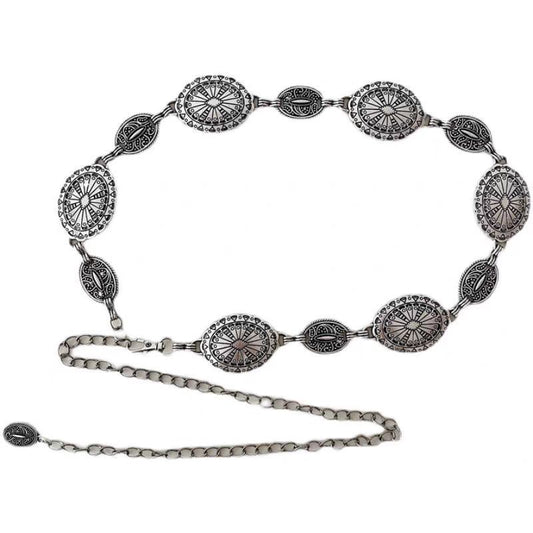 Large & Small Piece Waist Chain-Silver Set of 4 Bohemian Ethnic Style Metal Waist Chains - Versatile Fashion Belts for Dresses & Shirts