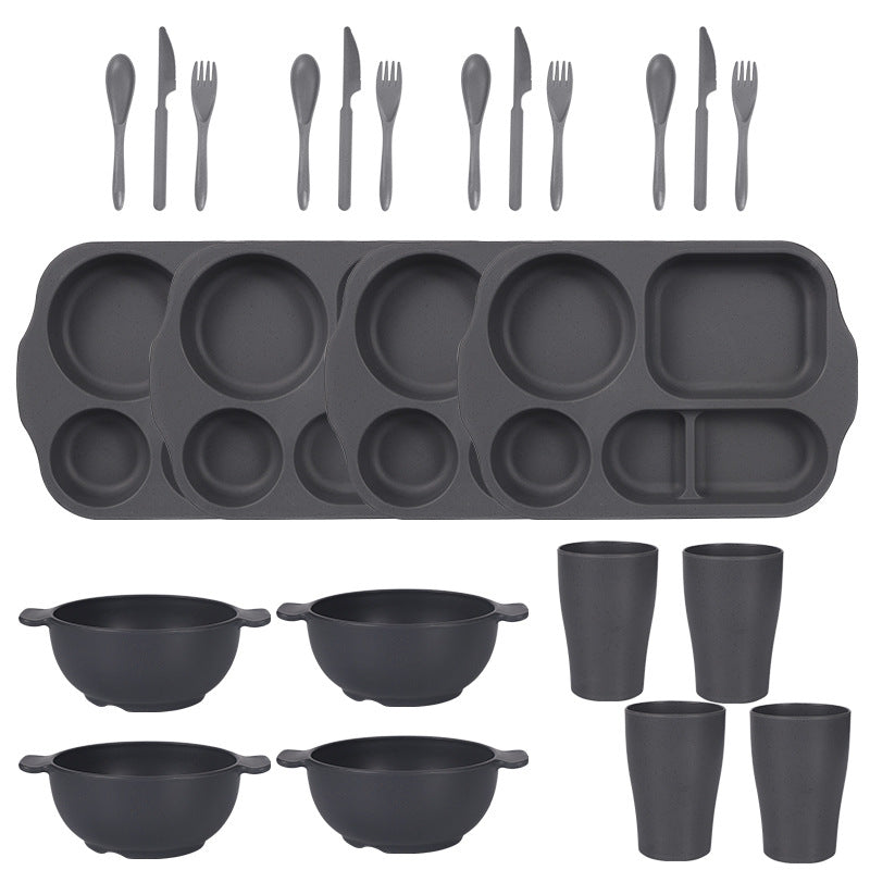 Dark Grey Durable Eco-Friendly Wheat Straw Dinnerware Set - 24 Pieces with Plates, Bowls, Cups & Cutlery