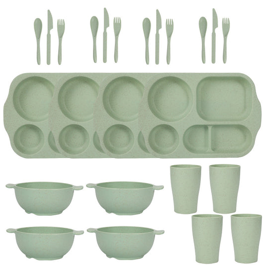Green Durable Eco-Friendly Wheat Straw Dinnerware Set - 24 Pieces with Plates, Bowls, Cups & Cutlery