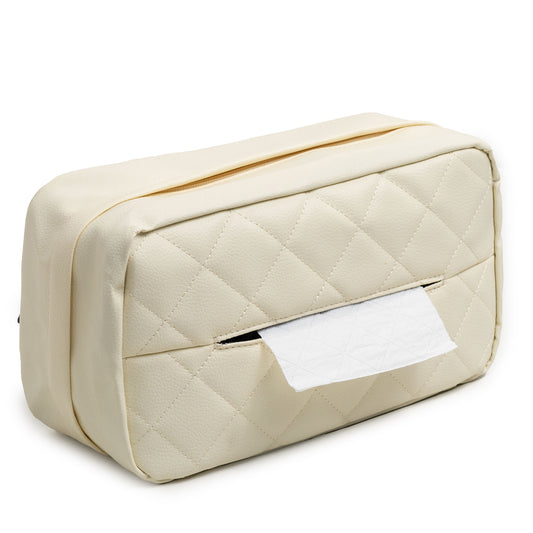 White Universal Leather Car Tissue Box Holder - Visor, Armrest & Seat Back Mount