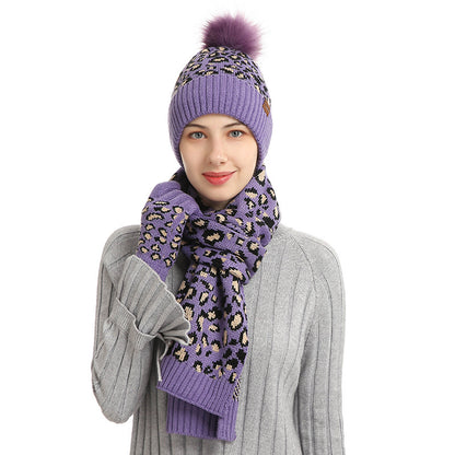 Purple Women's Leopard Print Winter Warm Knit Set - 3 Piece Fleece Lined Hat, Scarf & Gloves