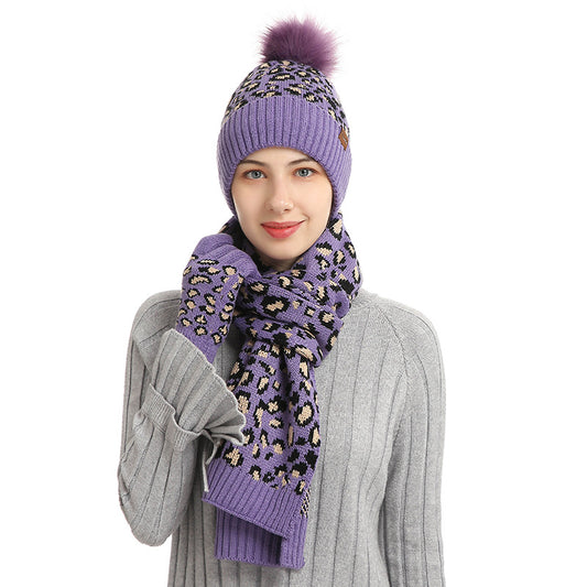Purple Women's Leopard Print Winter Warm Knit Set - 3 Piece Fleece Lined Hat, Scarf & Gloves