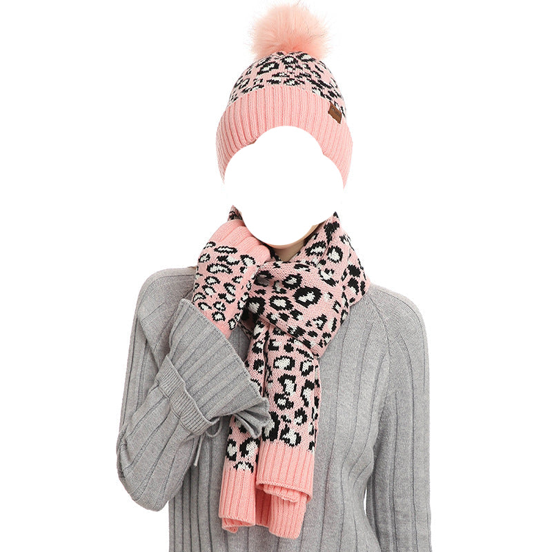 Pink Women's Leopard Print Winter Warm Knit Set - 3 Piece Fleece Lined Hat, Scarf & Gloves