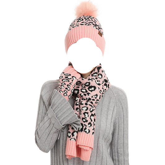 Pink Women's Leopard Print Winter Warm Knit Set - 3 Piece Fleece Lined Hat, Scarf & Gloves