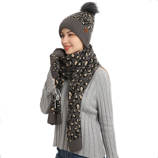 Dark Grey Women's Leopard Print Winter Warm Knit Set - 3 Piece Fleece Lined Hat, Scarf & Gloves