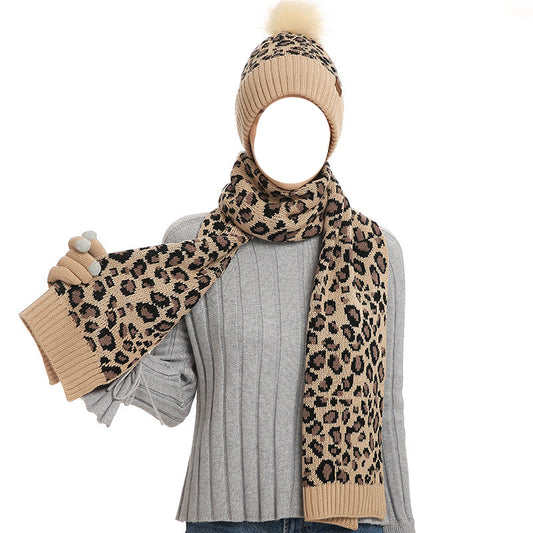 Beige Women's Leopard Print Winter Warm Knit Set - 3 Piece Fleece Lined Hat, Scarf & Gloves